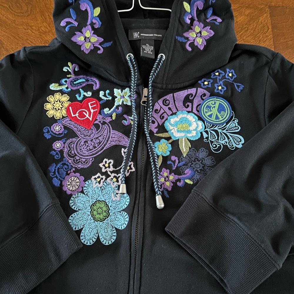 INC Brand Black Embroidered Hoodie w/ 3/4 length sleeves